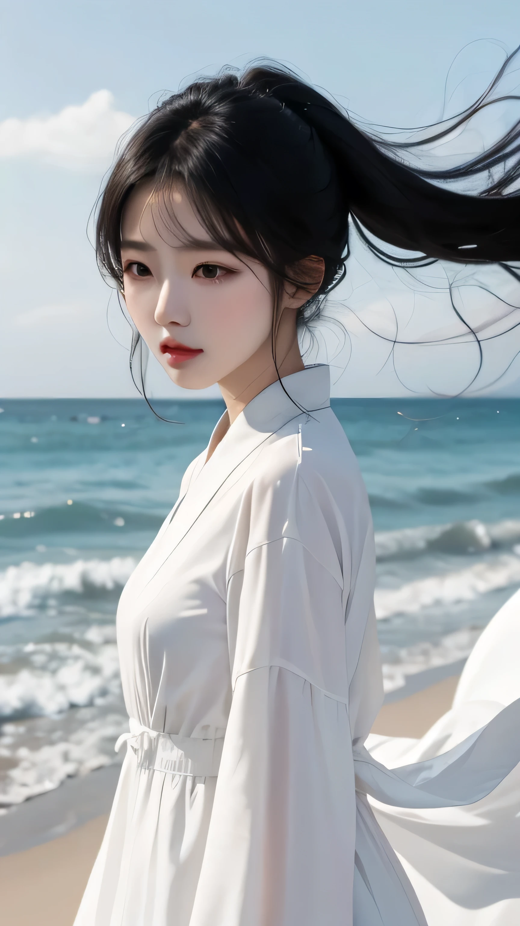 A korean girl with long black hair wearing white dress standing in front of a beach with her hair blowing in the wind