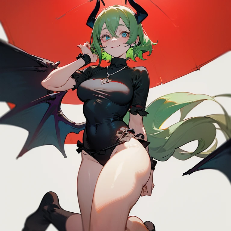 ((Masterpiece: 1.5, best quality, high resolution: 1.3, super resolution, super detailed, ultra detailed: 1.3, rich background: 1.2, Perfect Anatomy:1.5, 1 woman) pale skin + lime green hair + short wavy hair + blue eyes + curvy female figure + red horns and tails + red demon wings (delicate short loose clothing, minimal accessories, no shoes, a thick black necklace) ((open eyes, cute smile, friendly atmosphere, succubus))