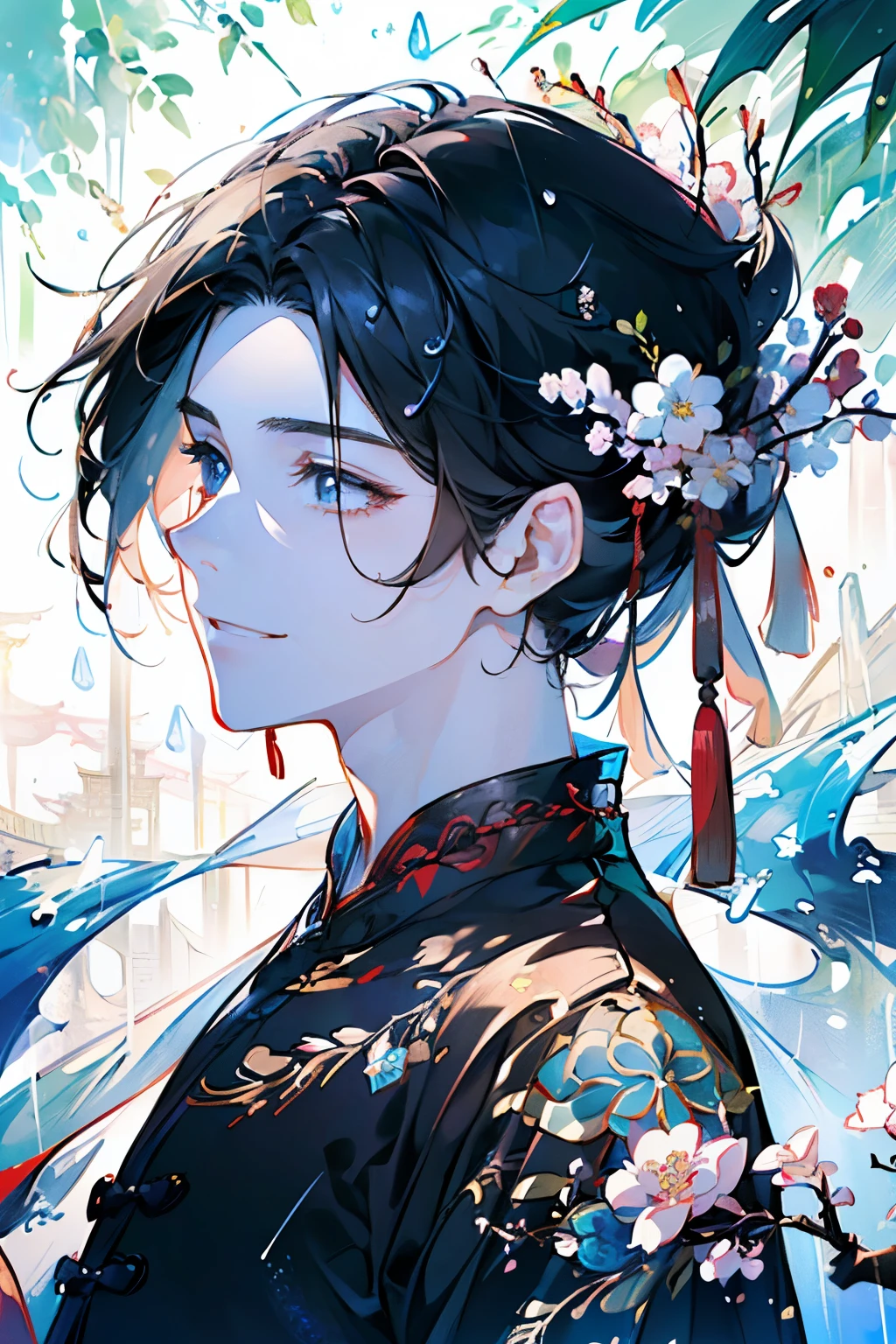 (adult male:1.35)、(Hanfu style costume:1.5)、(it's raining:1.5)、(masterpiece、highest quality、highest quality、Beautiful and beautiful:1.2)、(Good anatomy:1.5)、Painting of a girl with milky white straight hair、Shy smile、Sparkling Eyes、looking at the camera、Emerging from among the flowers and leaves、Suzuran