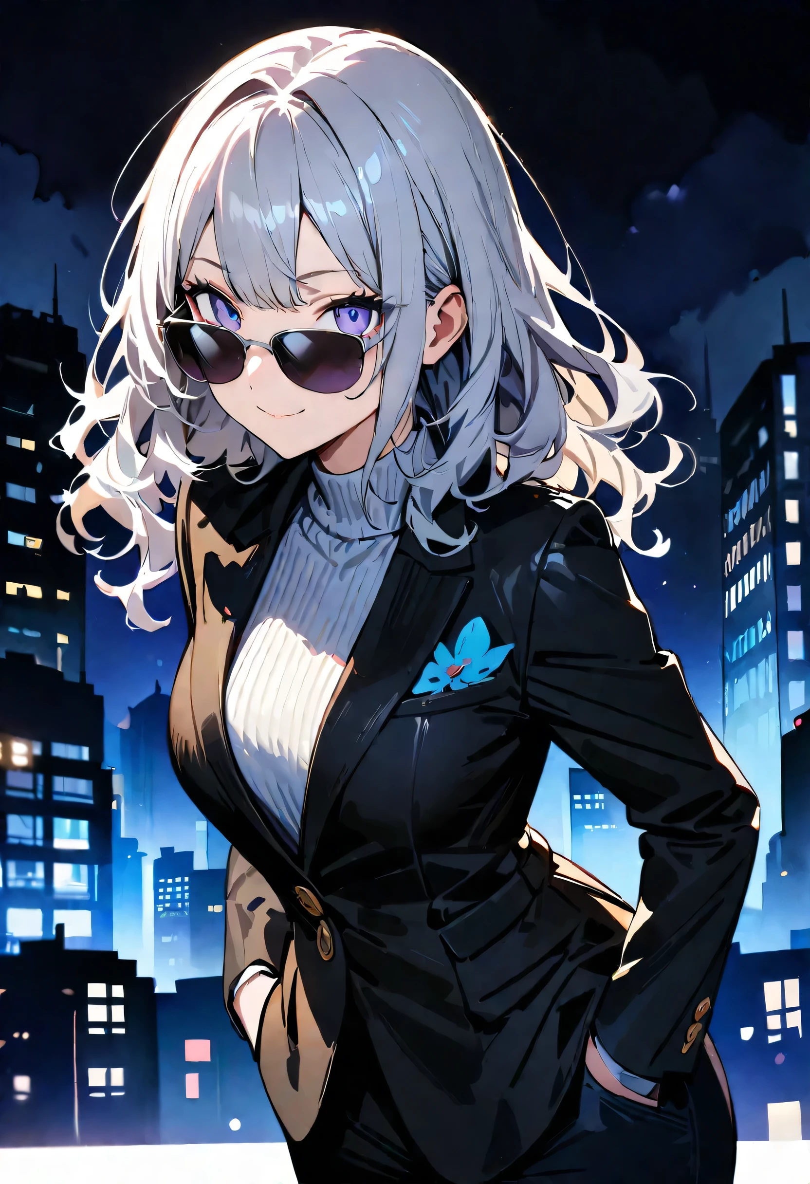 (masterpiece, best quality, highly detailed, absurdres:1.3), (1girl, cute, charming, detailed beautiful face:1.3), shiny silver hair, wavy hair, smile, (black suits, pantssuits, hands in pocket, sunglasses:1.5), (fantastic illustration, beautiful detail, best quality, top quality, fain touch outline:1.3), watercolor, (background building, dark night:1.8), beautiful detail, tangle, outlaw