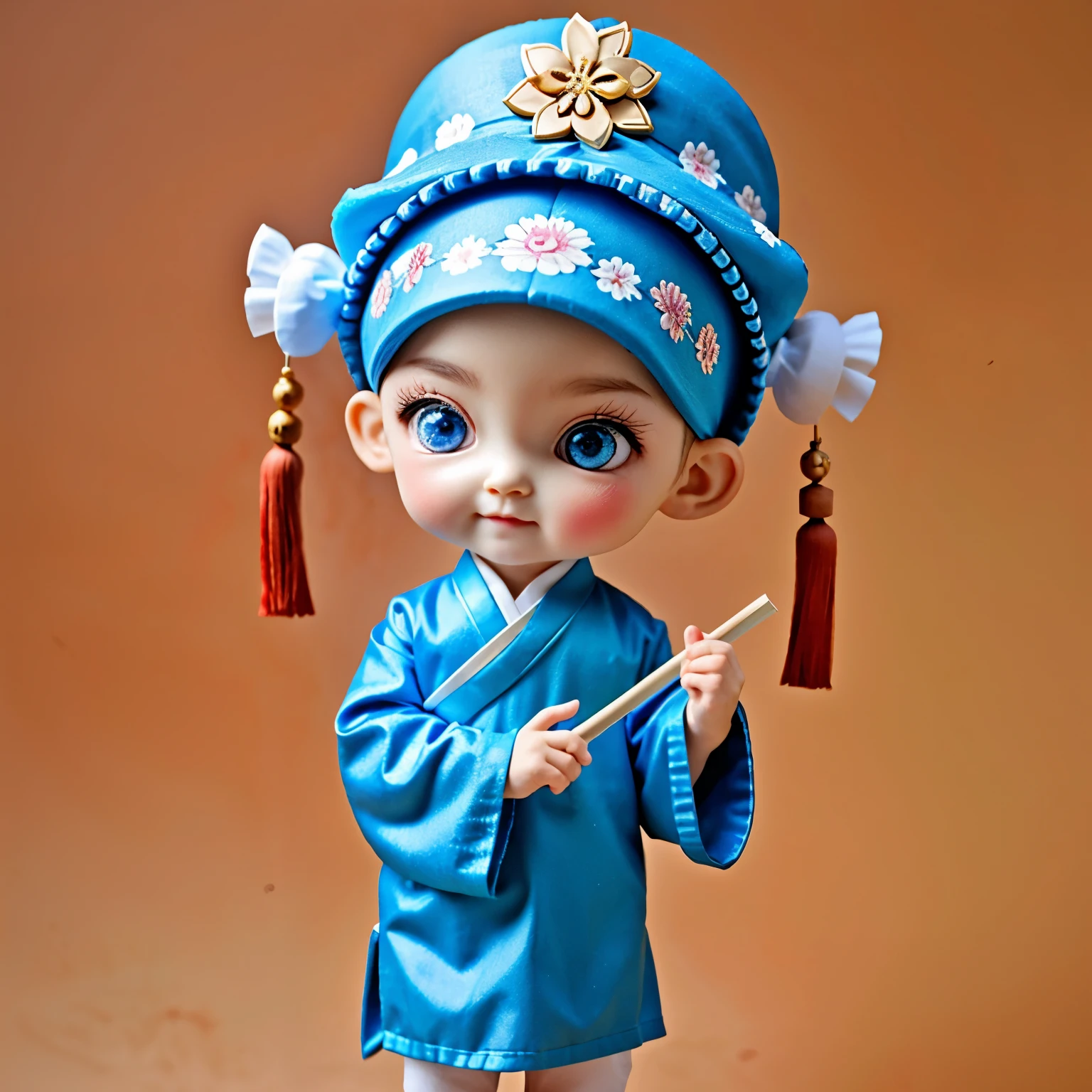 Boys，blue eyes，Chinese opera costumes，Opening，whole body，Long sleeve，Handheld fan，Standing，Folding fan，China costume，Blue clothing，