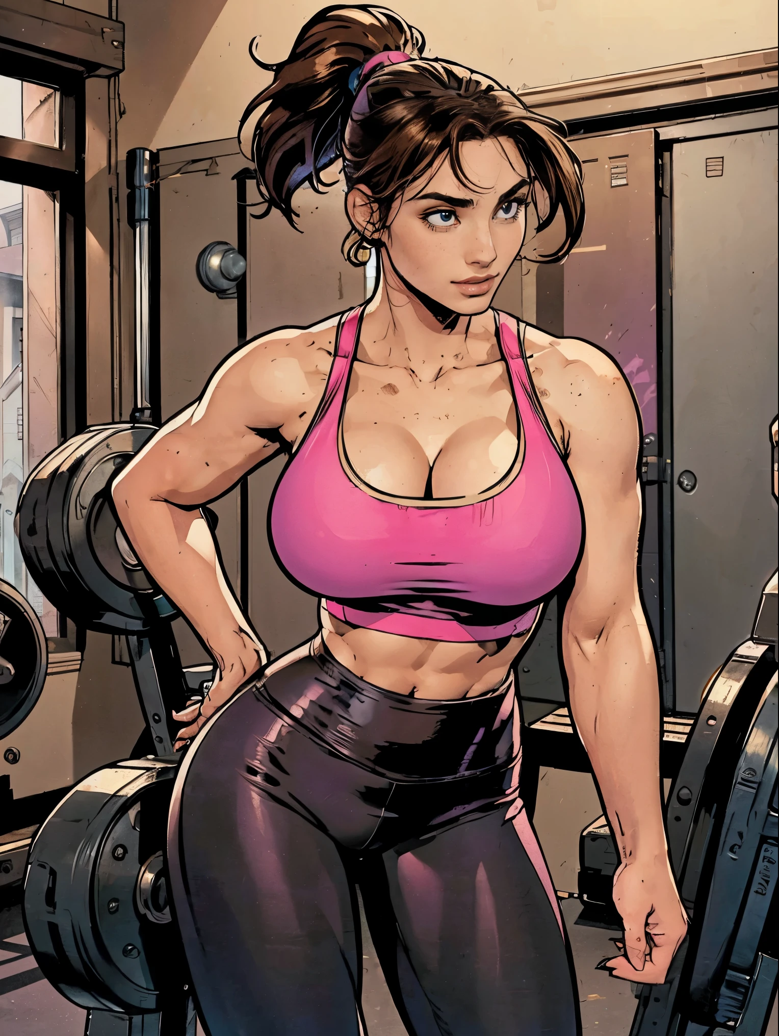 (masterpiece, top quality, best quality, official art, beautiful and aesthetic:1.2), (1girl:1.3), (gorgeous face), light freckles, fair skin, brown hair, extremely detailed, portrait, looking at viewer, solo, (full body:0.6), detailed background, close up, (airy modern theme:1.1), extremely busty gym girl, ponytail, big lips, arched back, flexing her bicep, charlatan, smirk, mysterious, standing in the gym, (pink tank top), (black leggings, headphones), wet, workout gear, weight machines, windows, modern gym, well-lit, thin and toned physique, gigantic breasts, cleavage, skindentation, slim waist, slim hips, long legs, modern (gym interior:1.1) background, dark mysterious lighting, shadows, magical atmosphere, dutch angle,