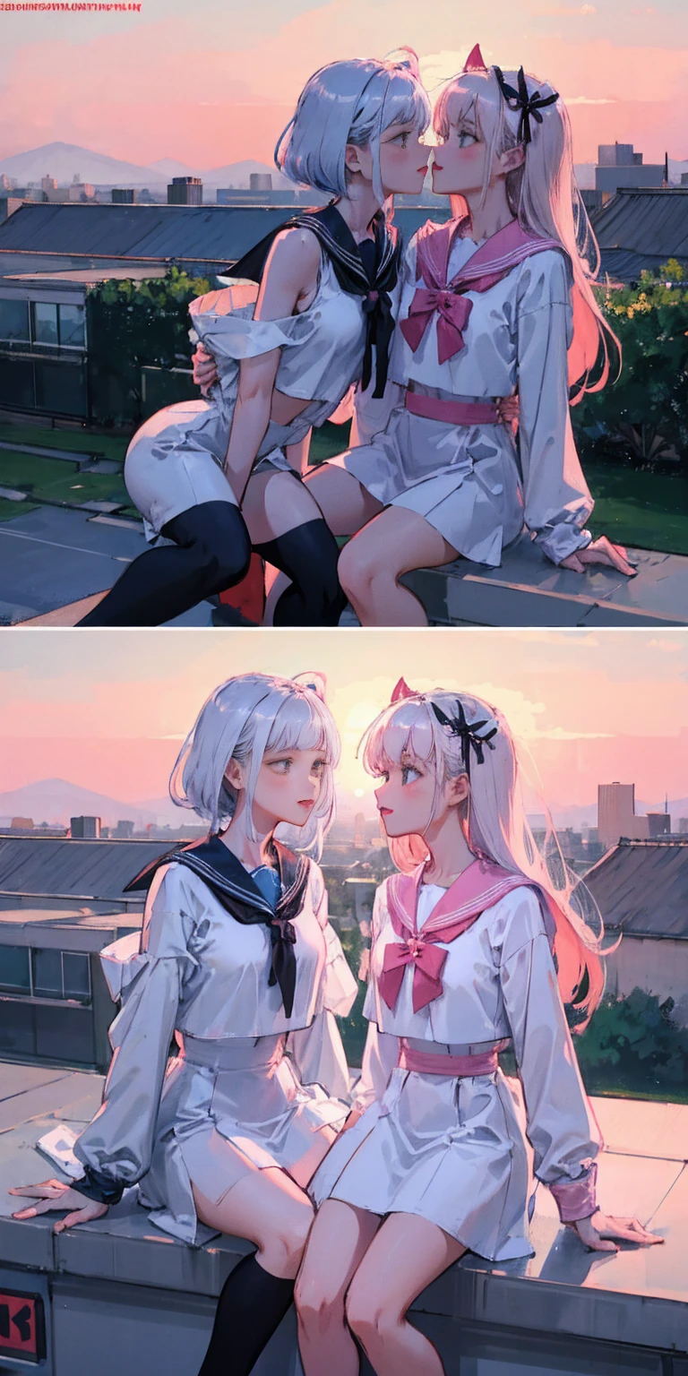 Masterpiece: 1.3), Best Quality, 2 girls kissing each other, 18 and , white and pink hair color, delicate, rooftop, spirit, sunset, sailor suit and JK costume