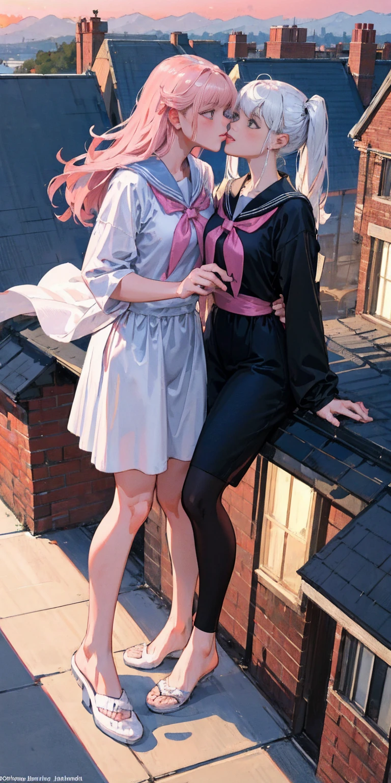 Masterpiece: 1.3), Best Quality, 2 girls kissing each other, 18 and , white and pink hair color, delicate, rooftop, spirit, sunset, sailor suit and JK costume