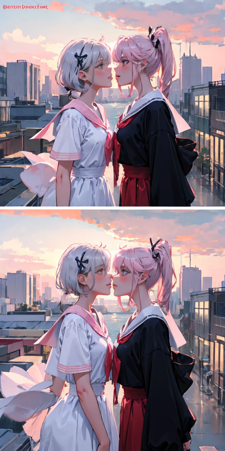 Masterpiece: 1.3), Best Quality, 2 girls kissing each other, 18 and 10 years old, white and pink hair color, delicate, rooftop, spirit, sunset, sailor suit and JK costume