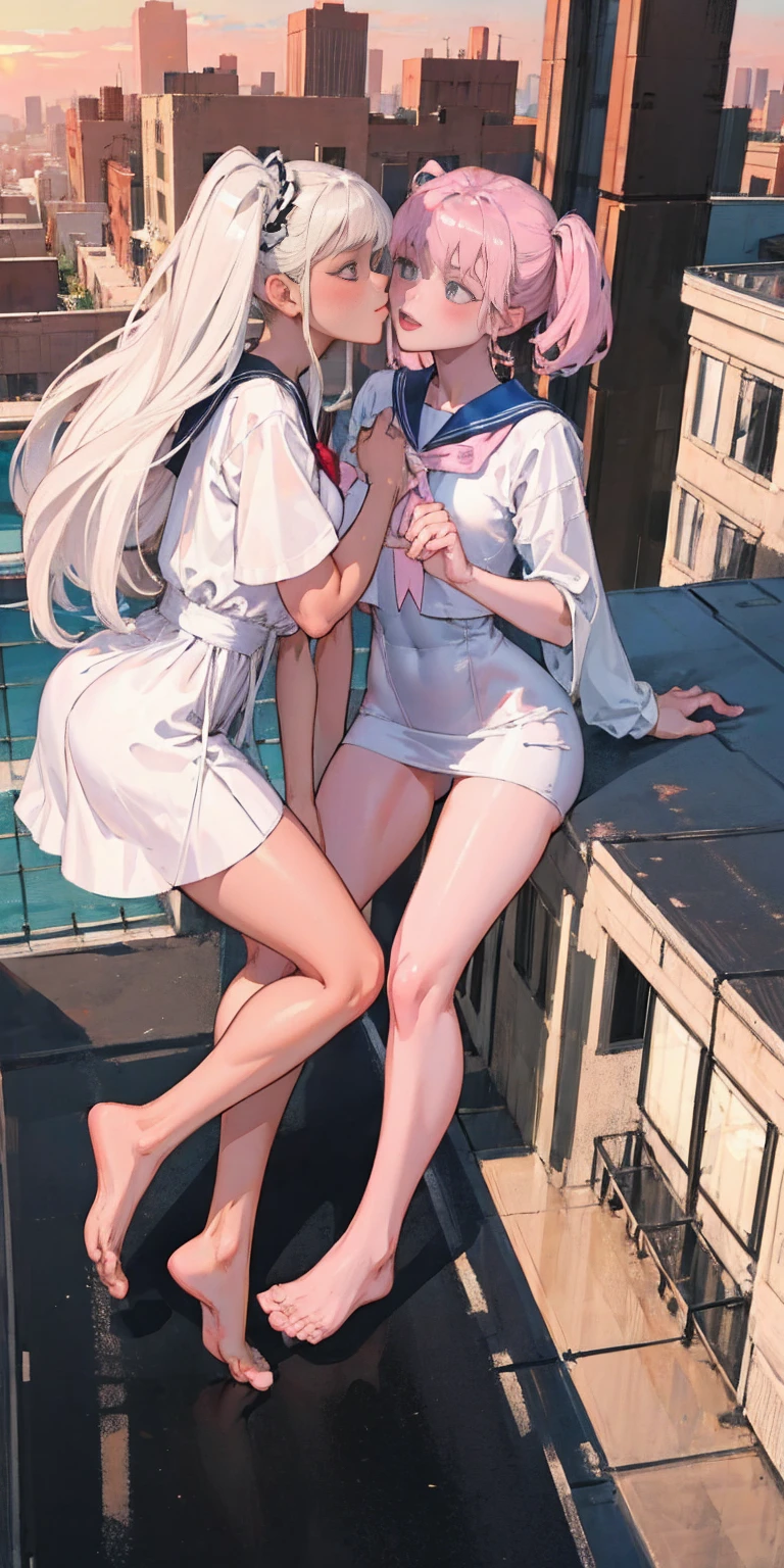 Masterpiece: 1.3), Best Quality, 2 girls kissing each other, 18 and , white and pink hair color, delicate, rooftop, spirit, sunset, sailor suit and JK costume