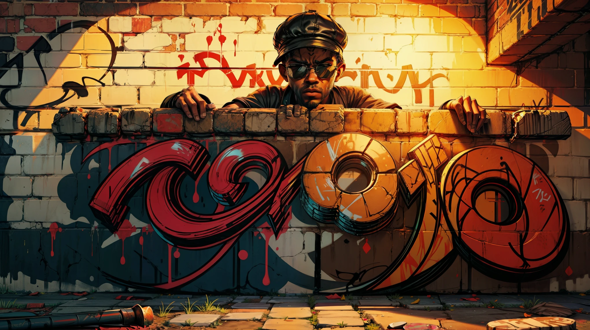 spray paint letters black man and sunglasses on brick wall and graffiti letters and fire lines, estilo ciberpunk, fundo de graffiti na parede, melhor qualidade, obra de arte, estilo de arte digital, detalhes, letras de graffiti, estilo GTA