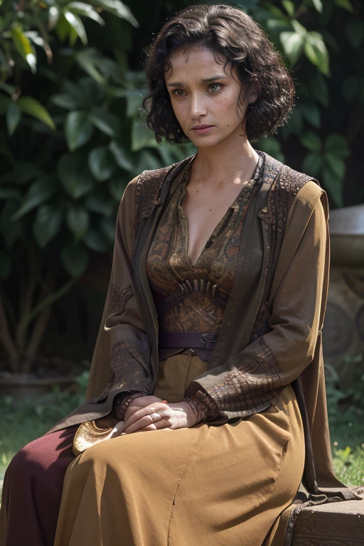 indiravarma, Ellaria Sand, 1 woman , long dress, sitting, curvy short hair, full body view, small breasts, adult woman, adult body, sad,