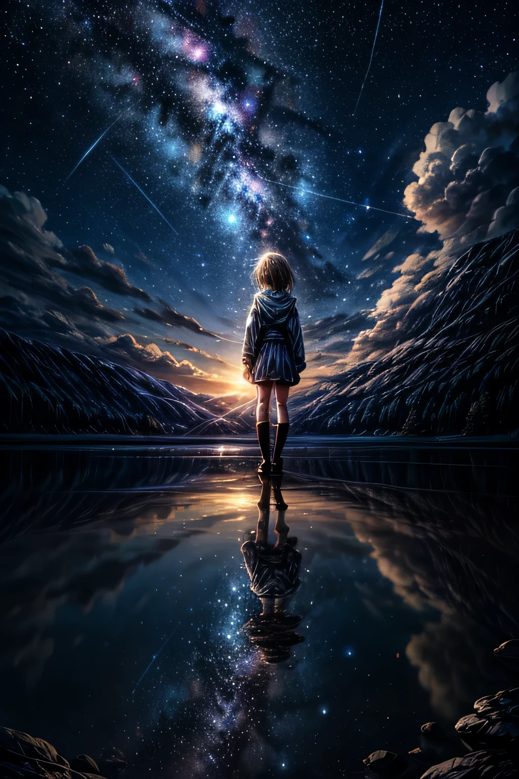 A reflection of a blue sky with clouds and many stars in the sky