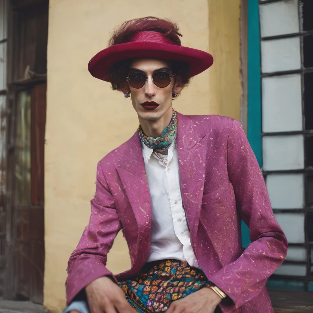 A skinny ugly man badly dressed like a woman trying to act seductive