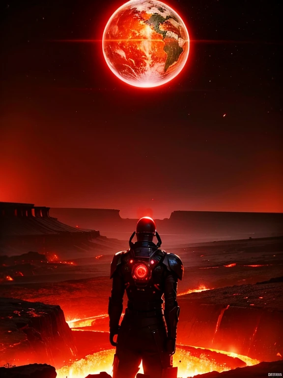 cybernetic earth with a red light inside, mechanized earth crust, the earth sprouts lava, earth's red mantle is visible, hollow earth, vtm, canyons and ridges all across earth, no man