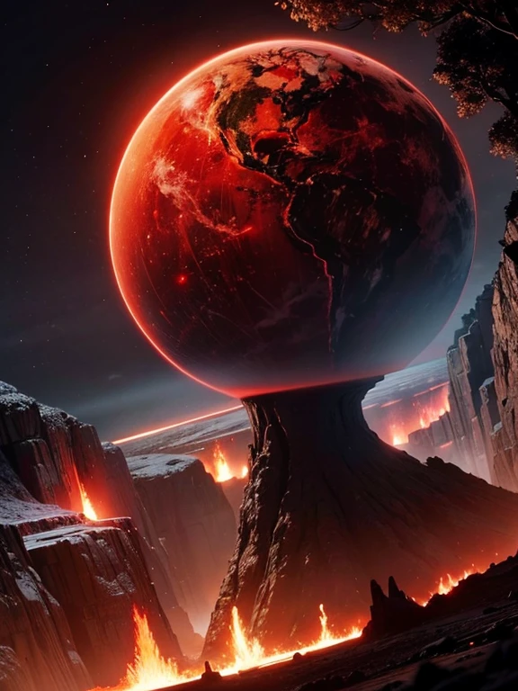 cybernetic earth with a red light inside, mechanized earth crust, the earth sprouts lava, earth's red mantle is visible, hollow earth, vtm, canyons and ridges all across earth, no man
