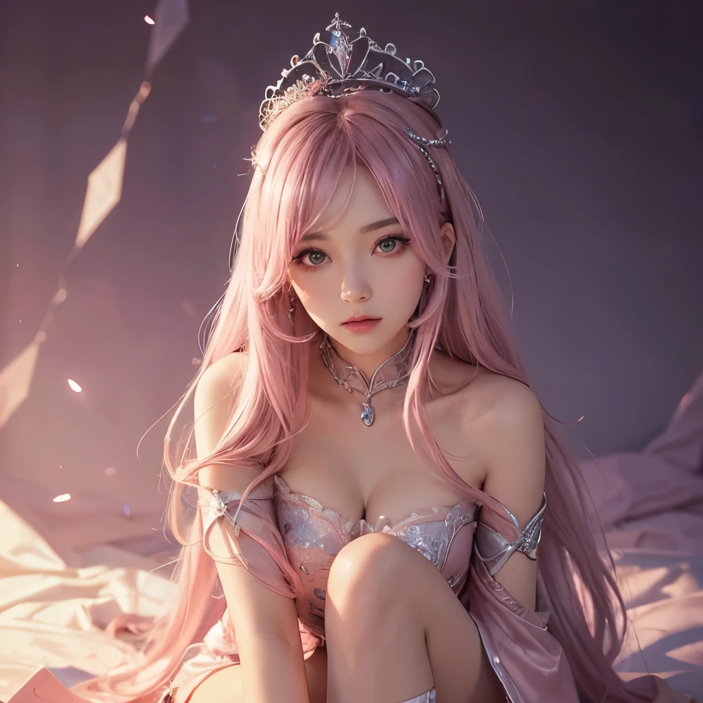 Girl, spellcaster, silver and pink uniform, pink hair, wear tiara, wear glove, round face, detailed face, picture form top to knee, sexy pose, big chest, look at camera, camera from top to bottom, detailed, photorealistic, best quality, castle background