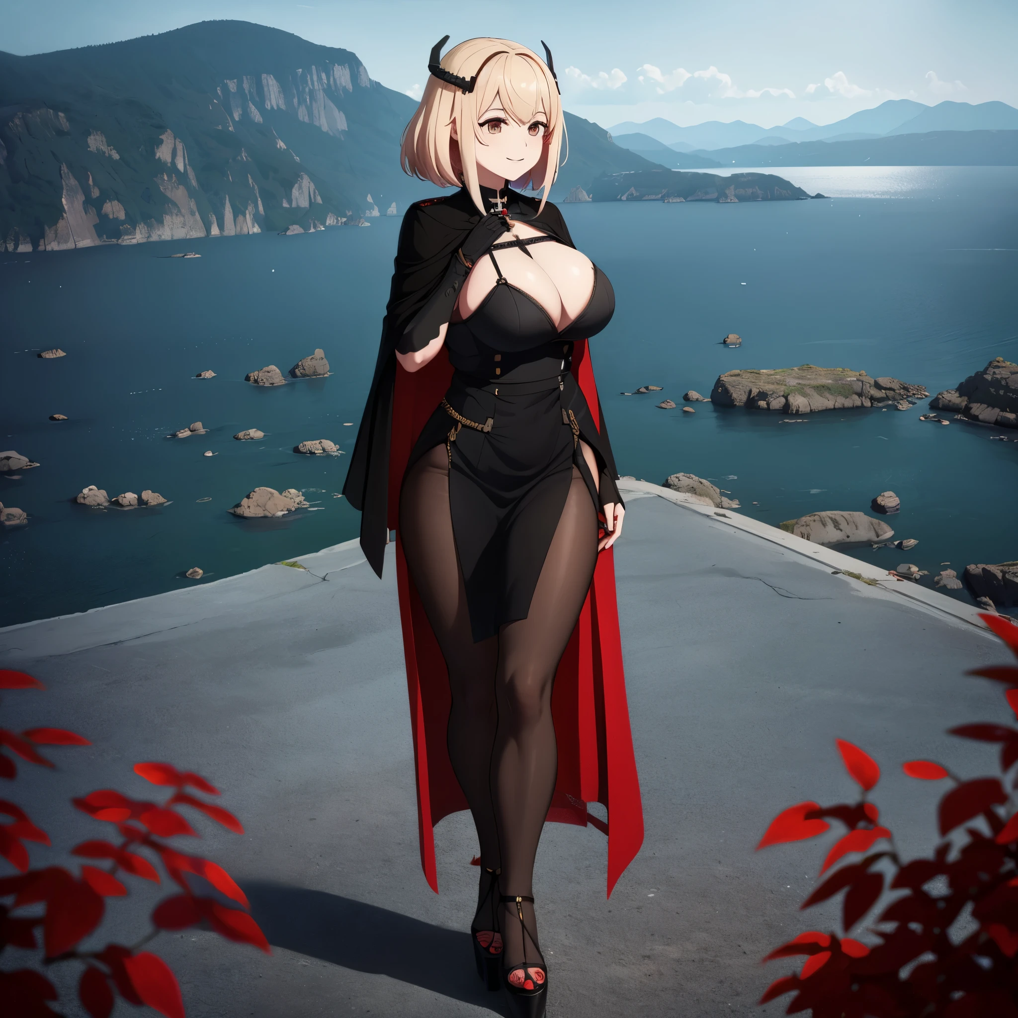 A woman wearing a black maiden dress with gold details, black heels, walking on a platform of a concrete tower, background castle, a wide view of a mountain forest, full body, short blonde hair, red bangs, big breasts, smiling , brown eyes, red fur cape,full body.projected shadow, anaglyph, stereogram, tachi-e, dot view, atmospheric perspective, 8k, superdetail, accurate, best quality, award-winning, textured skin, high resolution, anatomically correct, bokeh effect, ((solo woman)
