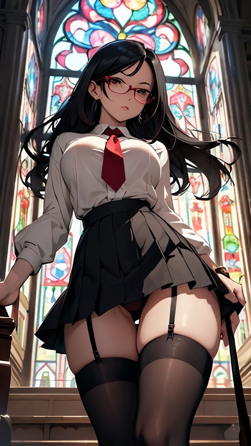 Long black hair、Mature Woman、Glasses、Huge breasts、glamorous、Thick thighs、Formal Shirt、Red short tie、(Black pleated skirt wind up:2.0、Red low-rise panties:1.5、Camel toe:1.5、Absolute area、Black knee-high socks and garter belt)、Church stained glass、Shooting from below、looking at the camera、Close up on crotch:1.5