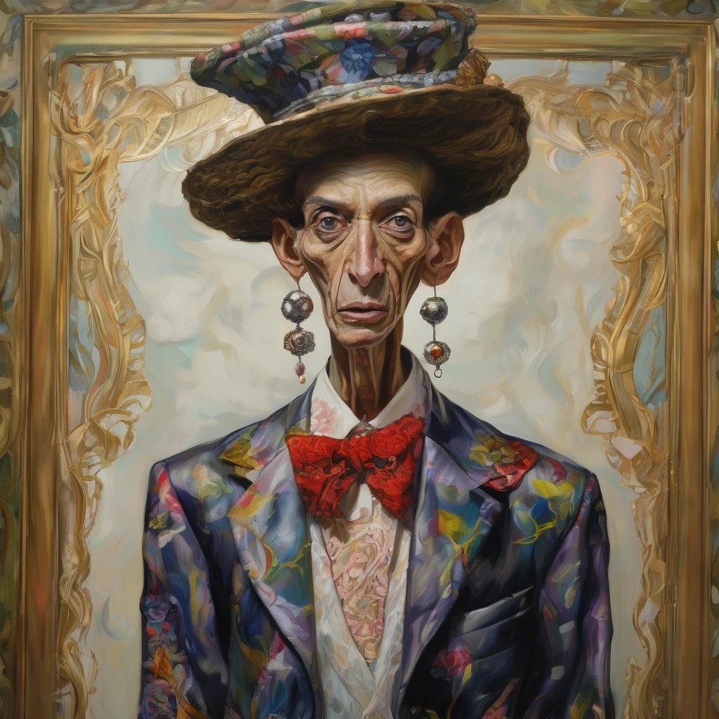 (a strange painting of) A skinny, ugly, man (badly dressed like a woman:0.9) (trying to act seductive), [crossdressing:0.9], [eccentric:0.9], [awkwardly posed:0.9], [uproariously ridiculous], with extremely detailed facial features [detailed eyes and nose:1.1], [exaggerated lips:1.1], [distinctive eyebrows:1.1], [emphasized wrinkles:1.1], [pronounced jawline:1.1], [sharp cheekbones:1.1], (best quality, highres, ultra-detailed), [dramatic lighting:0.9], [vivid colors:1.1]