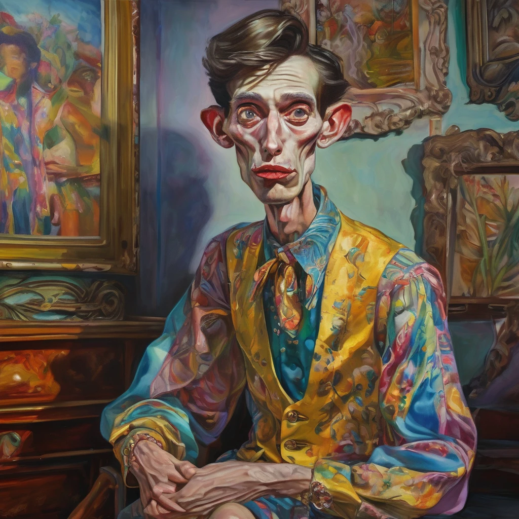 (a strange painting of) A skinny, ugly, man (badly dressed like a woman:0.9) (trying to act seductive), [crossdressing:0.9], [eccentric:0.9], [awkwardly posed:0.9], [uproariously ridiculous], with extremely detailed facial features [detailed eyes and nose:1.1], [exaggerated lips:1.1], [distinctive eyebrows:1.1], [emphasized wrinkles:1.1], [pronounced jawline:1.1], [sharp cheekbones:1.1], (best quality, highres, ultra-detailed), [dramatic lighting:0.9], [vivid colors:1.1]