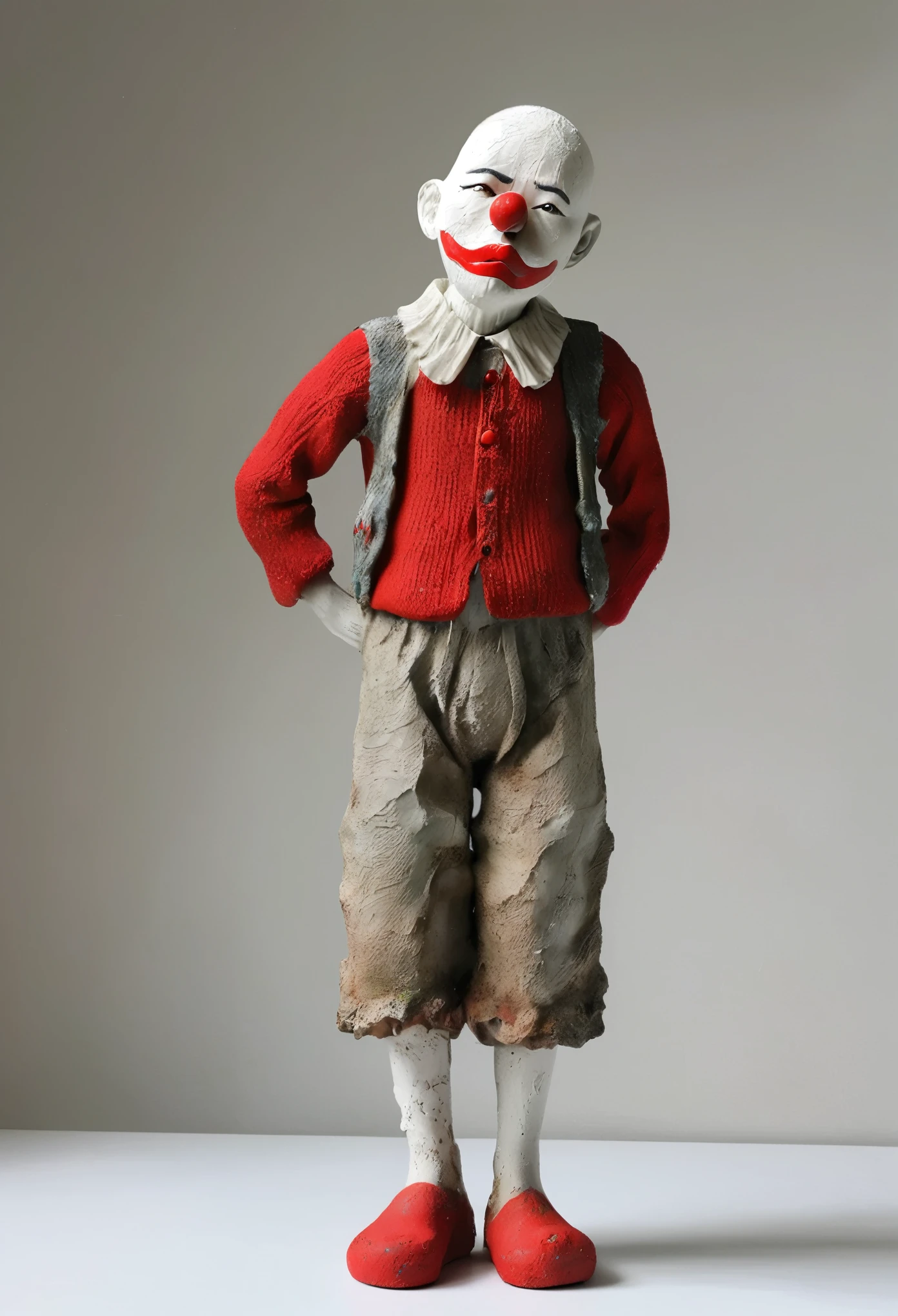 (best quality:1.2),ultra-light Clay, Clay, Pottery, Rough knitted texture, distressed, dirty, mineral pigments, 3D Clay sculpture art, Clay sculpture, Rough surface, (Art work,clown,Red nose,solitary figure,whole body,Barefoot,cover up,Solitary,)