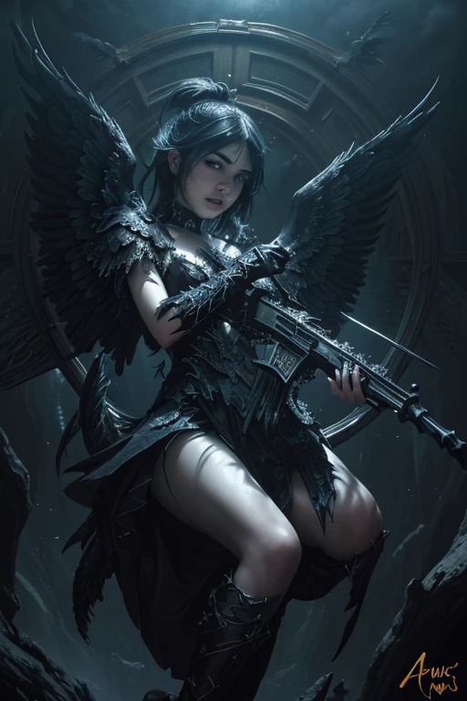 (Dua Lipa) (best quality,4k,8k,highres,masterpiece:1.2),ultra-detailed,realistic:1.37,epic art,colorful scary angel,(Apterus:1.5),oil painting,angry eyes,dark wings,vibrant colors,mysterious background,heavenly atmosphere,glowing halo,intense emotions,expressive brushstrokes,haunting presence,ethereal beauty,foreboding shadows,ominous lighting,dramatic composition,demonic features,sharp and detailed feathers,distinctive textures,contrast between light and dark,awe-inspiring,otherworldly,divine,fantasy theme,mythological creature,impressive wingspan,dynamic pose,ominous clouds,fallen angel,intricate details,captivating,unforgettable,visually stunning