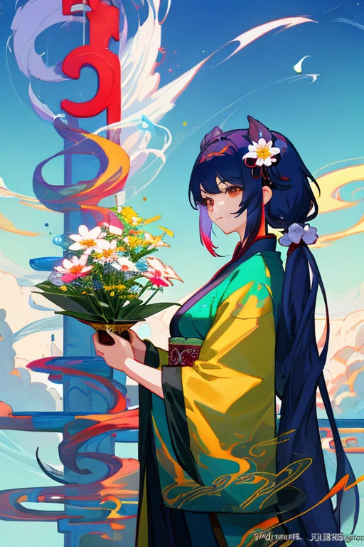 arafed woman with rich and colorful hair and a flower in her hair, Numbers inspired by Huang Ji, cg Social Hotspot, Fantasy Art, Vibrant fantasy style, Chinese Fantasy, rich and colorful]”, rich and colorful pigtail, palace ， Girl wearing Hanfu, Long colored hair, official art works, Chinese, jingna zhang, unearthly art style