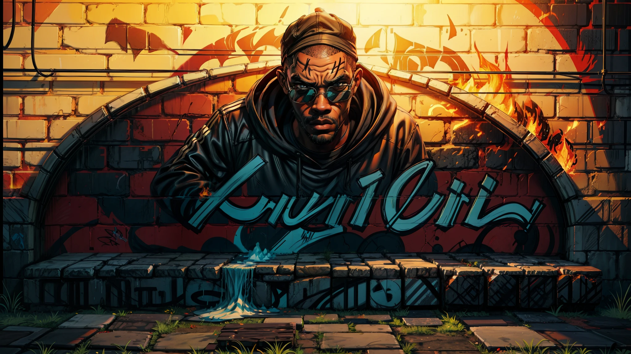 spray paint letters black man and sunglasses on brick wall and graffiti letters and fire lines, estilo ciberpunk, fundo de graffiti na parede, melhor qualidade, obra de arte, estilo de arte digital, detalhes, letras de graffiti, estilo GTA
