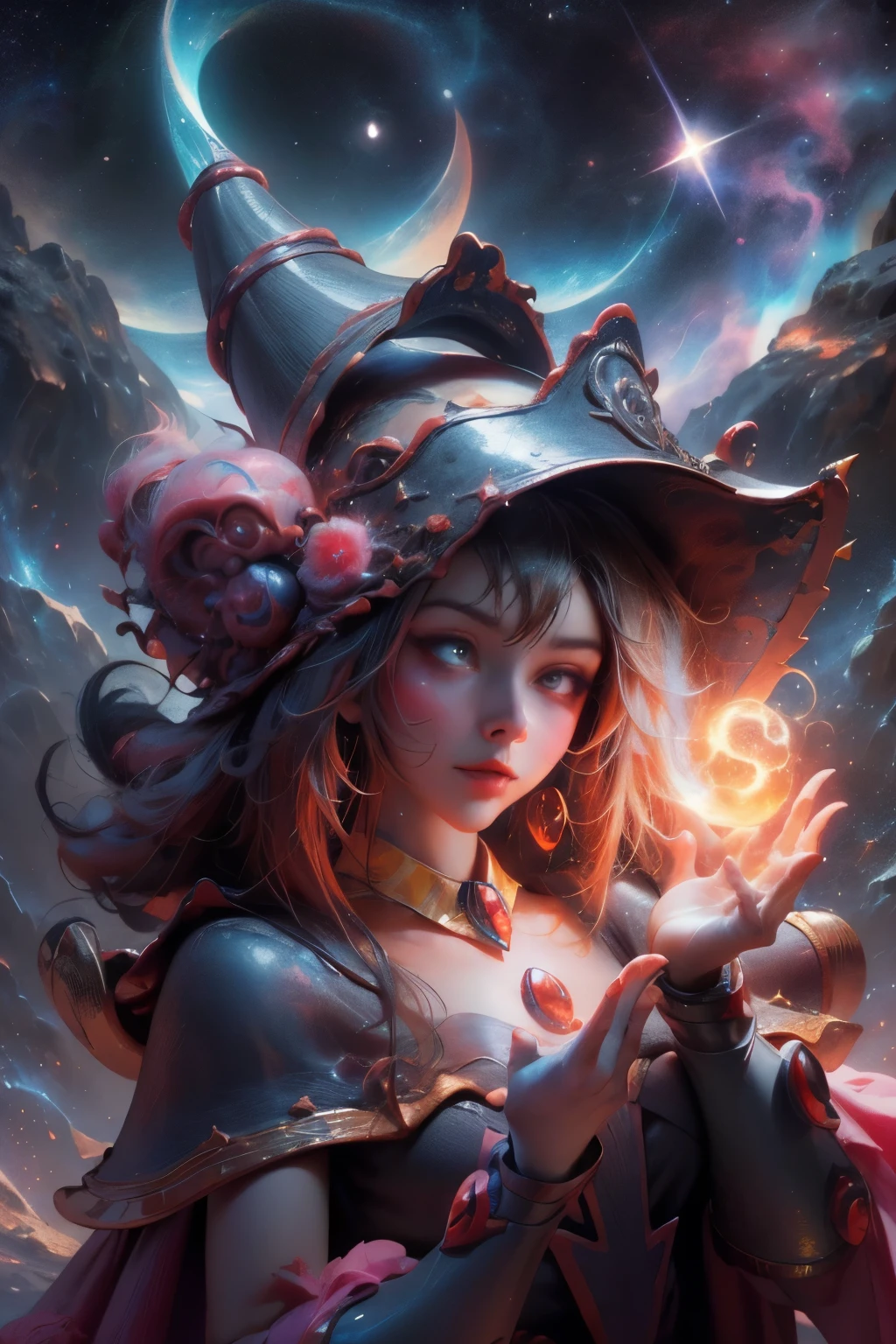 Giles magos oscuros. magos oscuros. ojos azules. cabello rubio. labios rojos. Detailed Features.., cosmic colors, ethereal lighting, Pintura surrealista, high resolution, otherworldly atmosphere, Seres celestiales. Hermosa diosa