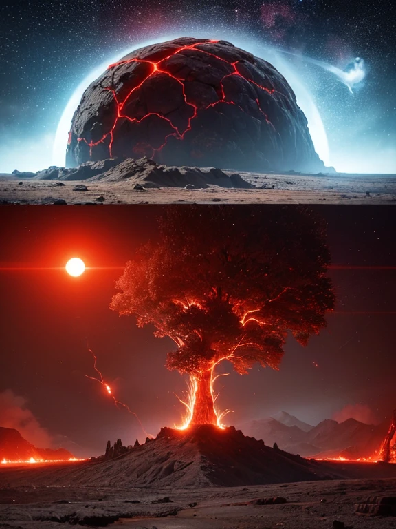 cybernetic earth with a red light inside, mechanized earth crust, the earth sprouts lava, earth's red mantle is visible, hollow earth, vtm, canyons and ridges all across earth, no man