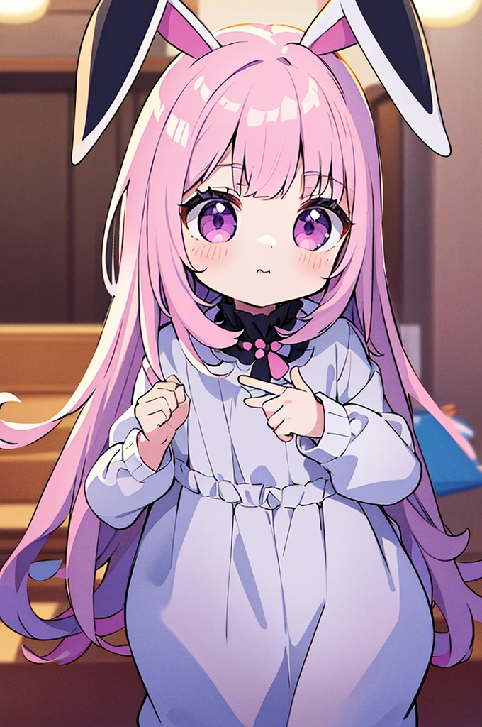 1girl in、absurderes, hight resolution, ((masutepiece)), animesque、((Best Quality))、 (Ultra-detailed), (Beautiful), ((Kawaii Girl)), solo,(14years:1.6)、Beautiful face、White skin、Toys Section、Girl has a very cute big stuffed rabbit.、Cute casual outfit、Light pink hair、Purple eyes