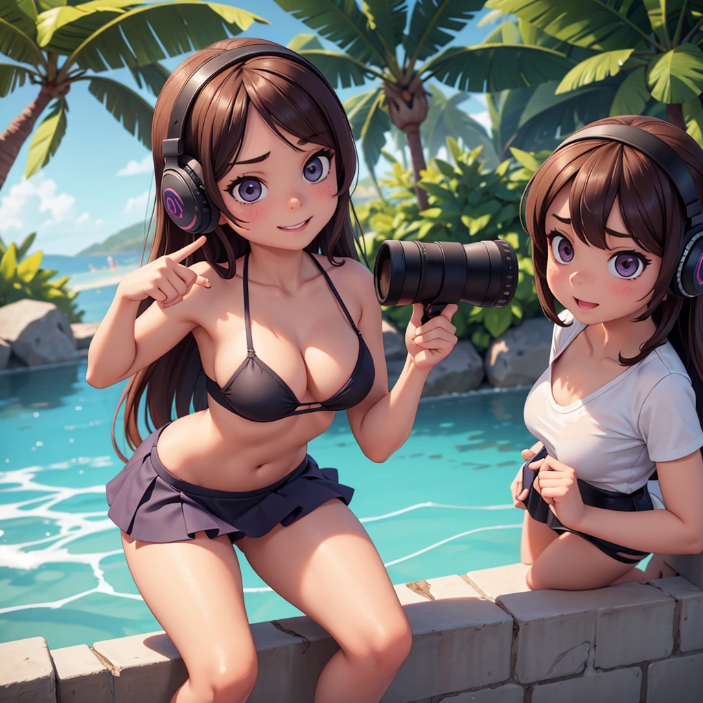 Ultra realistic 5 years old, 2 girl, obra maestra, mejor calidad, alta calidad, defined, detailed, HD, (piel morena), ojos definidos, ojos cafes intensos, long eyelashes, small mouth, sonrisa, very long hair, pelo liso, pelo oscuro, cuerpo reducido,  barely contained, , , posando foto, sin sostenes, no bra, excitada,  erectos, nice view, full body, nice body, nice hands, nice fingers, perfect fingers, nice legs, abierto, mojada, sudada, caliente, tight, sonrojada, no socks, peinada hacia atras, pose lasciva, petites, ((no skirts)), ((lil sister)), hot big sister, barely covering, lean, unaware, heat, finishing, fuckeable, touching, water, camera from above, looking up sis, from back, backwards, behind, shorty , (close up), (((gamer girl))), headphones, discord, playing games with friends, 