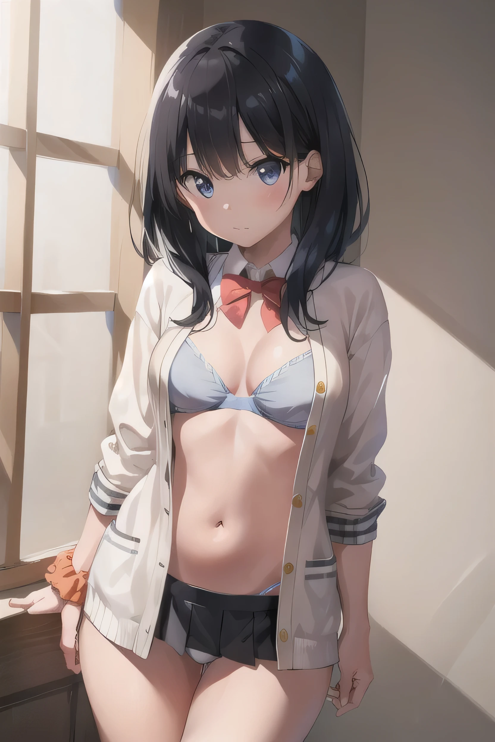 masterpiece, highest quality, High resolution, Rich 1, One girl, takarada rikka, Black Hair, alone, blue eyes, Wrist scrunchies, Long Hair, Red socks, , Black Skirt, bangs, Pleated skirt, Orange scrunchie, Red Bow, White cardigan, Long sleeve, bow tie, White shirt, mini skirt, White sweater, Cowboy Shot, Undressing, Change of clothes, Open shirt, Shirtless, Cute pink bra v pure white panties, window, Small breasts, Small breasts, Mouth closed, sunlight, Backlight