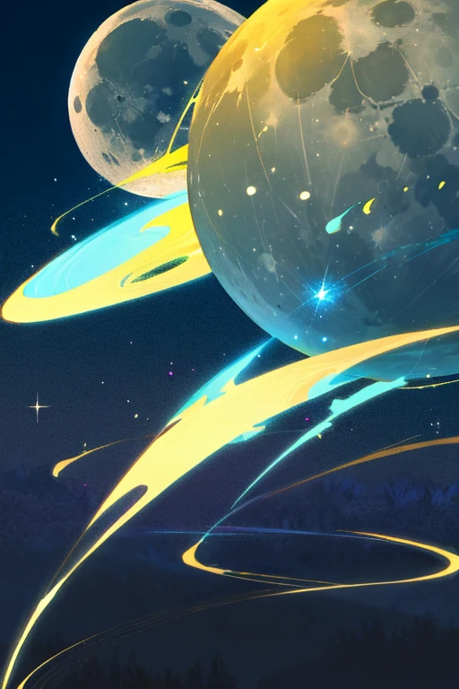 Glowing Moon Spirit, With a silver trail, Hovering over the tranquil night scene.
