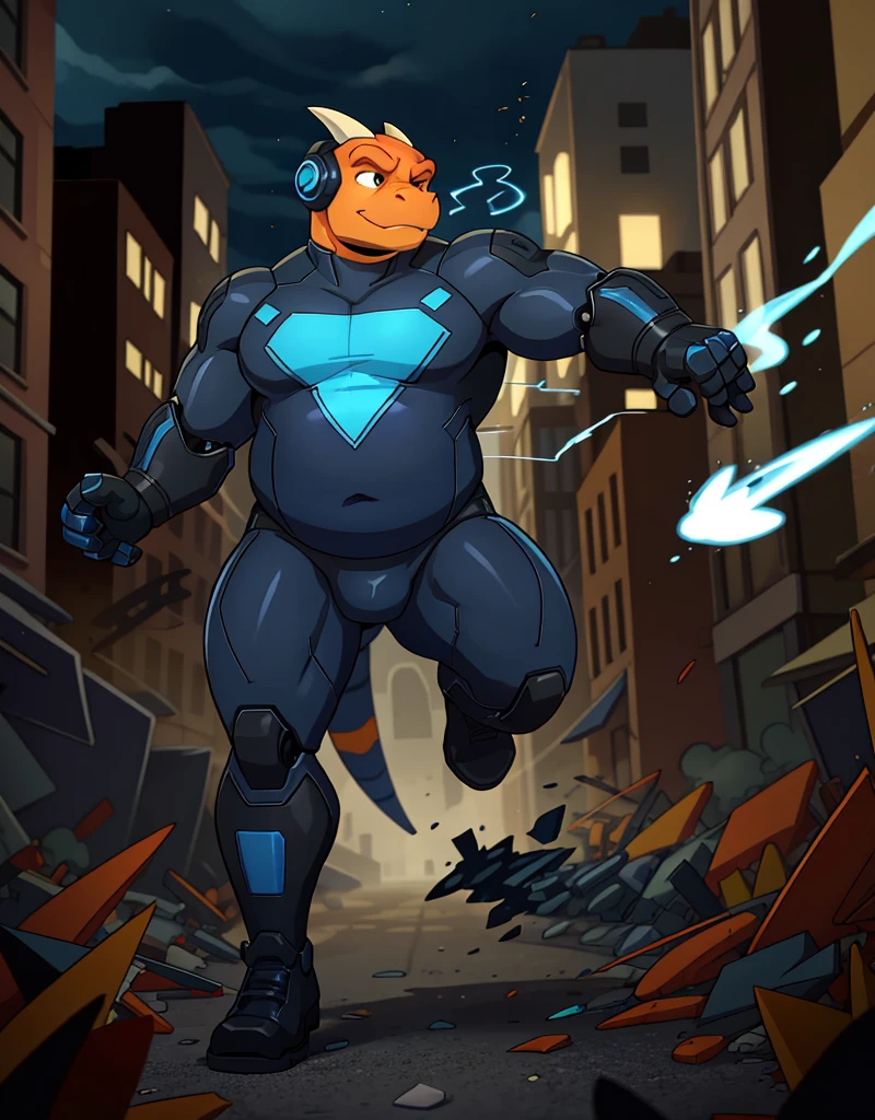 A male chubby anthropomorphic lizard with orange scales, wearing spandex a navy blue superhero suit with black boots and black gloves and navy blue headphones, using telekinesis to lanch debris as robots ,action scene, 