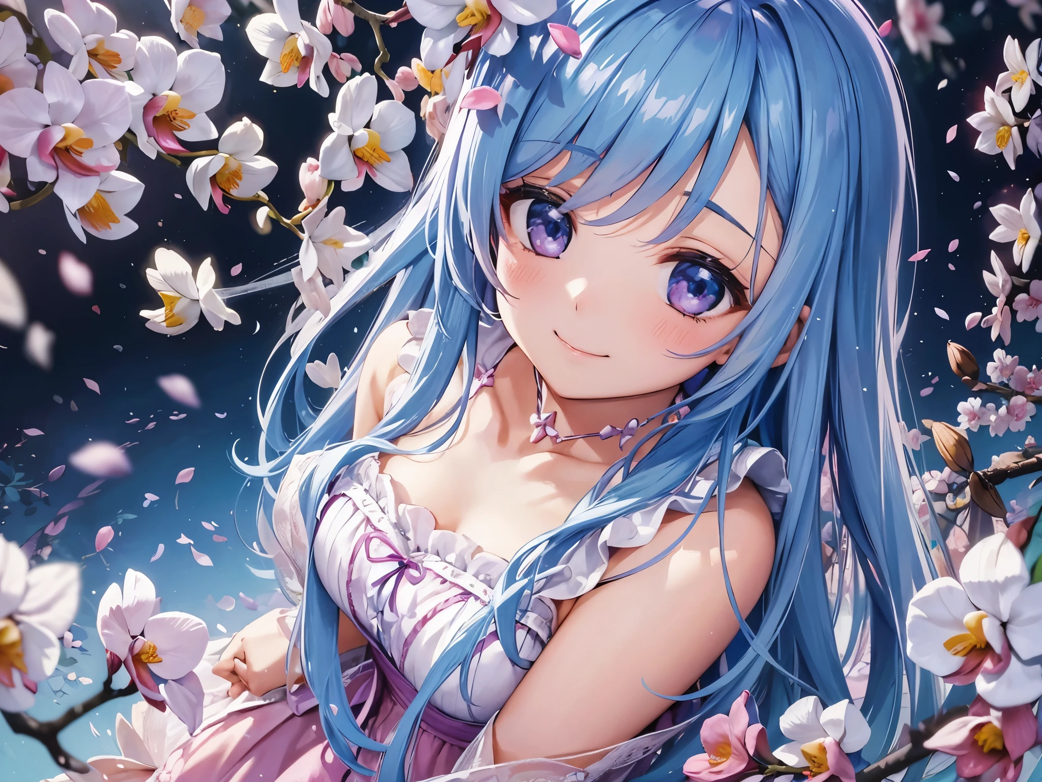 (High resolution、Very detailed、Hmph、movie)、alone、1 girl、happiness、Girl Standing In Orchid Flower Garden、Girl around the petals、Cute Smile、Whole Body Ezbian、Girl with long blue hair、Light blueの髪、black eye、Valentine'big heart chocolate、Flowers made from chocolate、Looking at the camera、Fantasy、Official Art、Pop Art、profile、Very detailedな顔、Very detailedな目、Orchid Flower Garden、Ultra Detailed Fields、Bright starry sky、Light blue、Blanche、Nebula in the sky、Watercolor、pastel colour