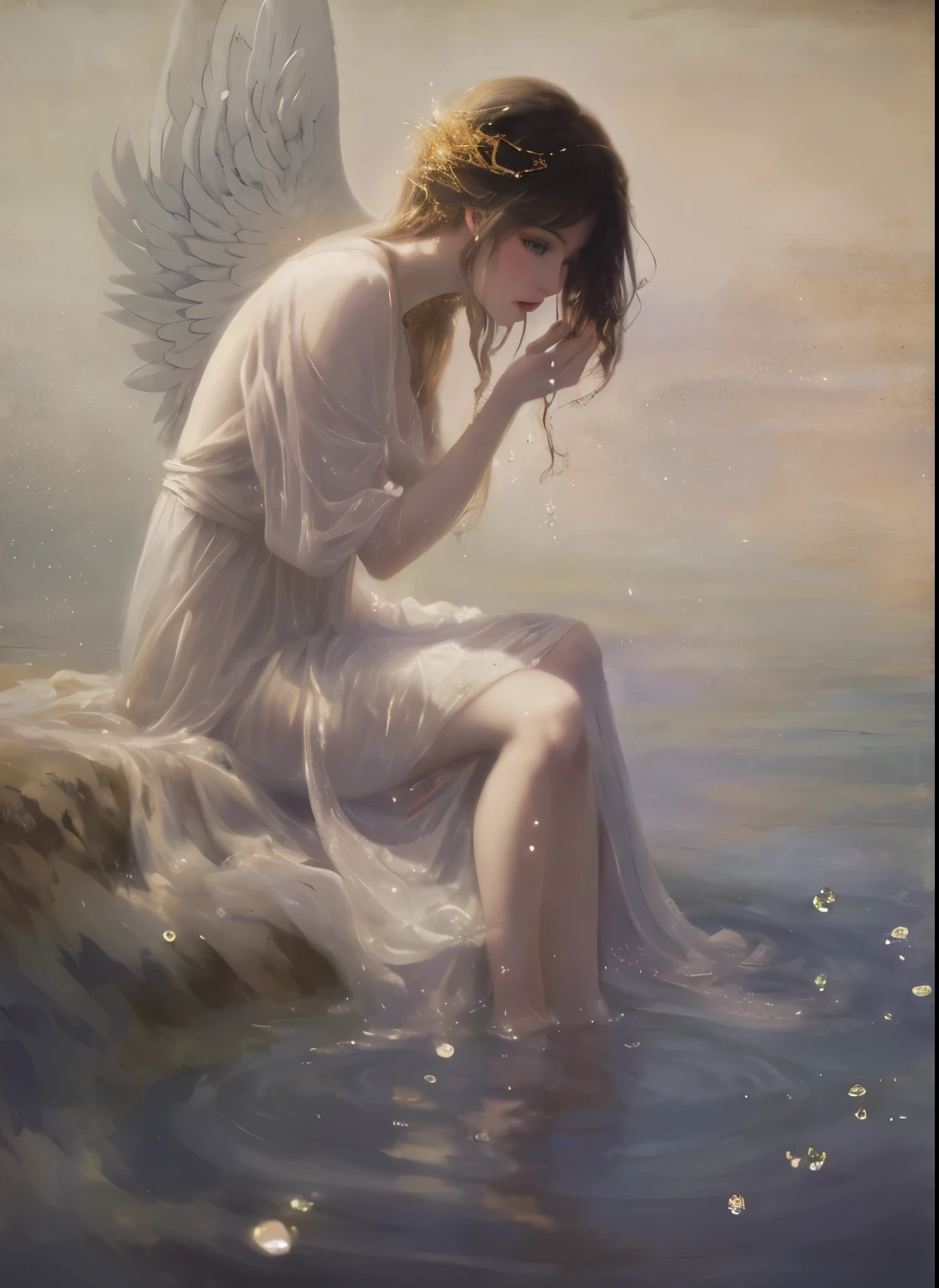 "(best quality,ultra-detailed),water element angel from lake,beautiful detailed eyes,beautiful detailed lips,flowing white dress,ethereal beauty,long flowy hair,golden halo,sparkling water drops,floating wings,soft ethereal light,impressionist painting style,vibrant colors,pastel color palette"