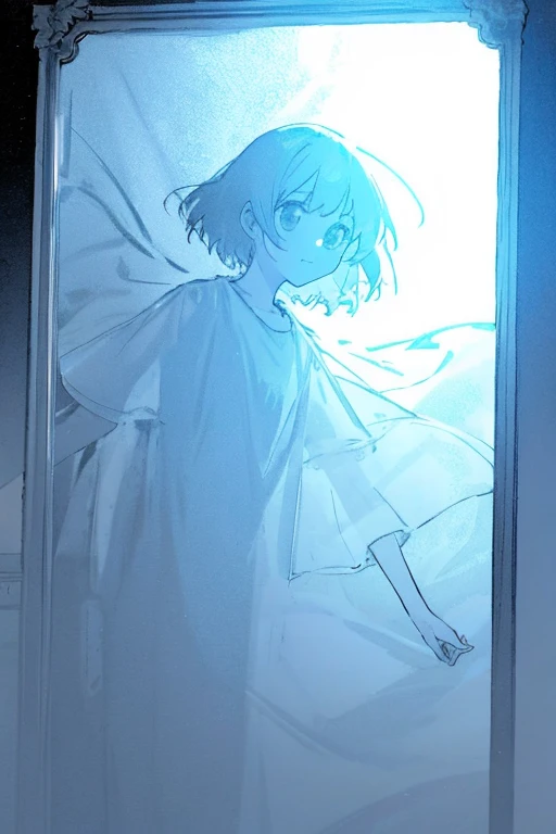 The bed sheet ghost above your head, Women as cute Halloween ghosts, translucent see-through sheets, hundert cute floating spooky ghost, Dim Lights, Evening Mystery, High contrast, Atmospheric light, Mirror, FOG