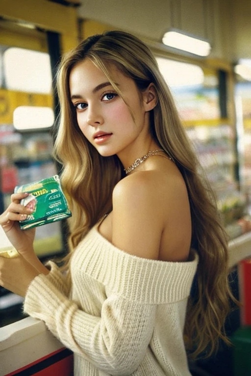 One Girl, 19 years old, alone, Long Hair, huge , View your viewers, Blonde, Exposing shoulders, Brown eyes, gem, whole body, necklace, Full nudity, sweater, Realistic, Sexy、Holding an egg and a pack of cigarettes、