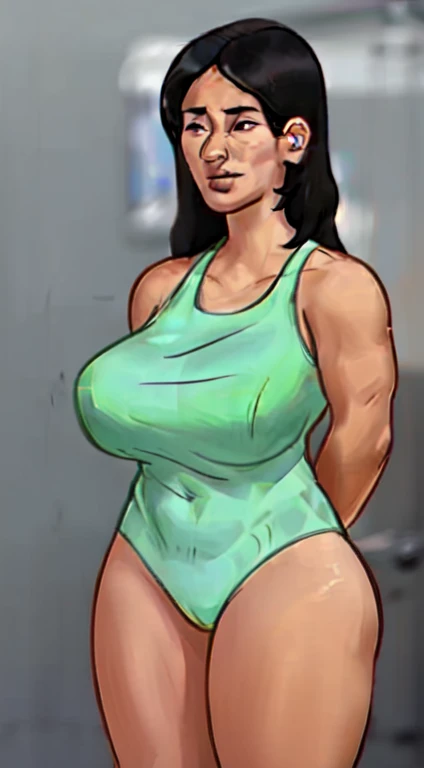 muscular girl thick breasts black hair yellow eyes pale skin best quality sad frown thick girl