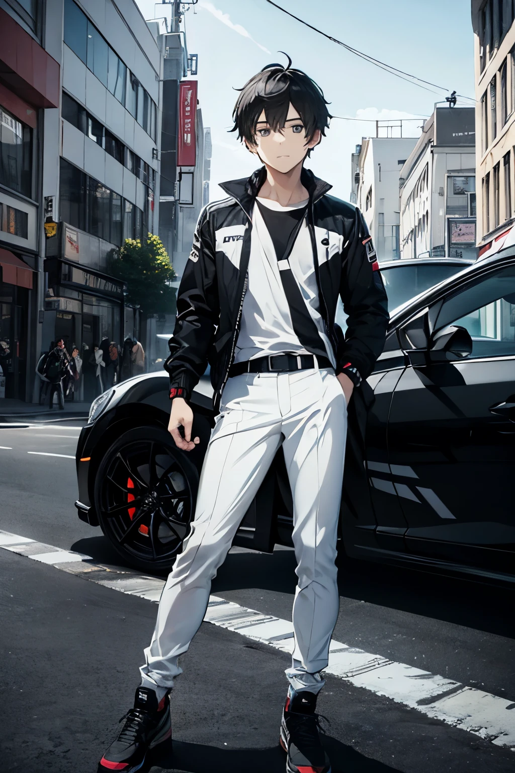 A handsome age Racer standing at a Toyota GT86 while wearing a Black and white jacket and pants ((Hyper Realistic)), ((City))