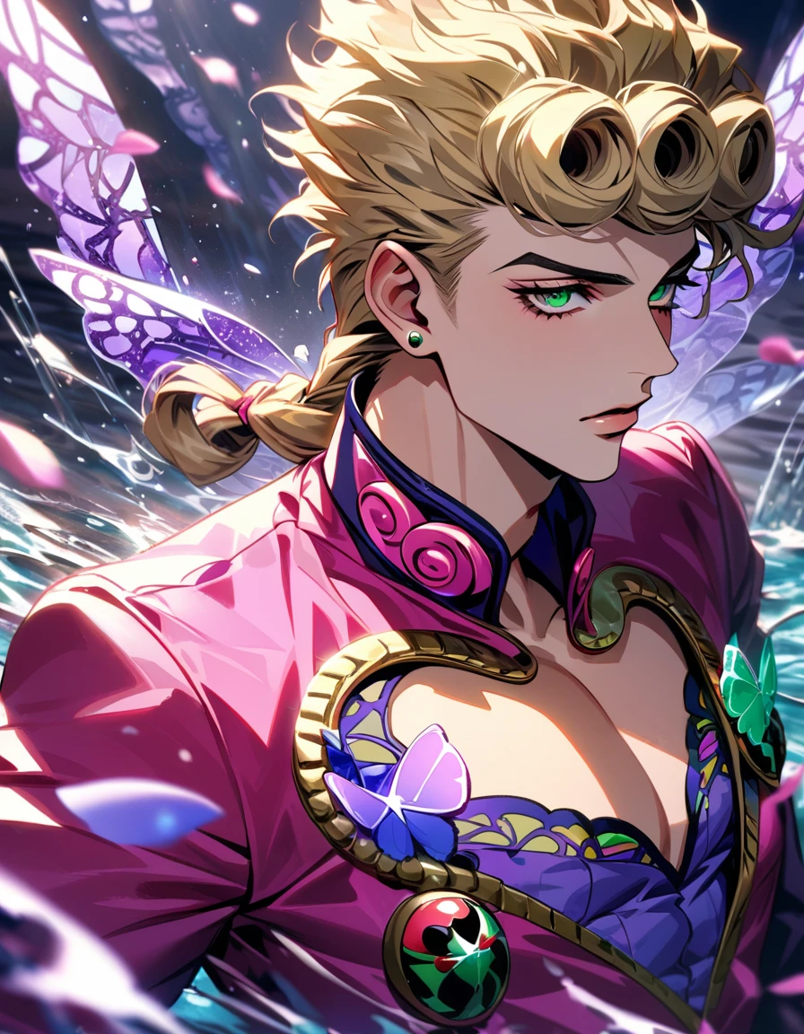 Ultra detailed, HDR, Highres, absurdres, master piece, Giorno Giovanna, blond hair, expressive green eyes, pink clothes with patterns, Jojo Bizarre Adventure, purple glittering butterflies, purple ice, petals, purple ice roses, sexy man, solo, extremely detailed face and eyes, extremely handsome, glittering, water,
