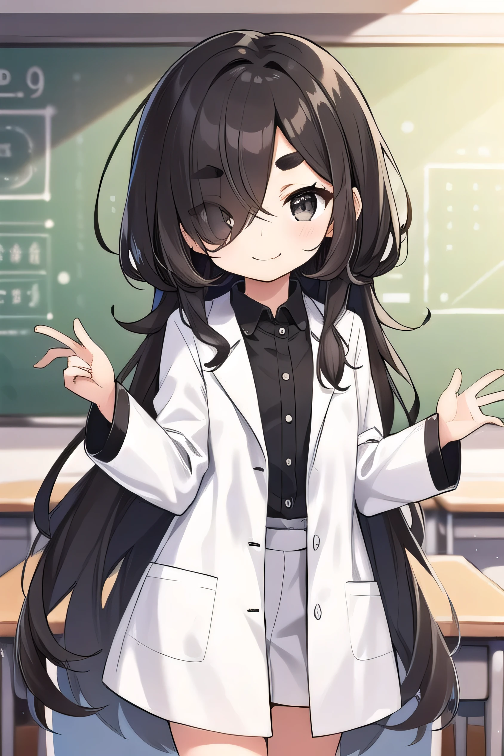, elementary school student, young, brown hair, doctor's coat, hair over one eye, very long hair, wavy hair, thick eyebrows, black eyes, gentle smile, science room, moe sleeves, short, flat chest, wearing The white coat doesn't fit and the sleeves are very long,