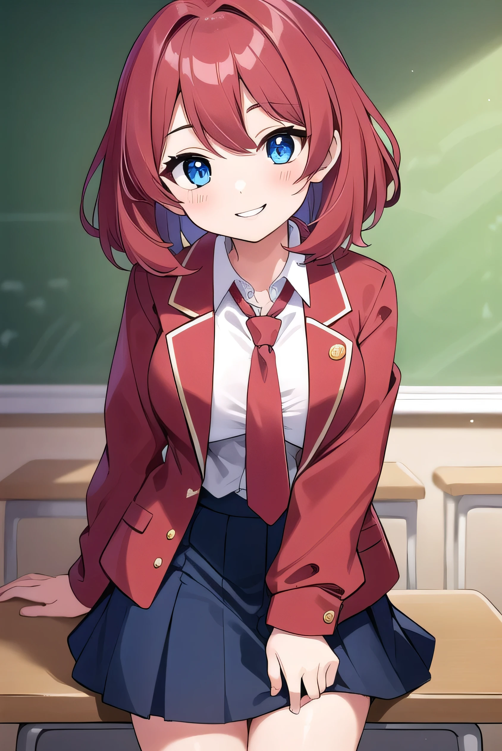 Big breasts, red hair, blue eyes, droopy eyes, red jacket, long sleeves, navy skirt, elementary school student, super big breasts, (medium hair: 1.2), baggy clothes, elementary school student, young face, short height, 10 years old, old, shy A shy guy, smiling a little, trying to open the buttons of his shirt, white shirt, red tie，straight hair