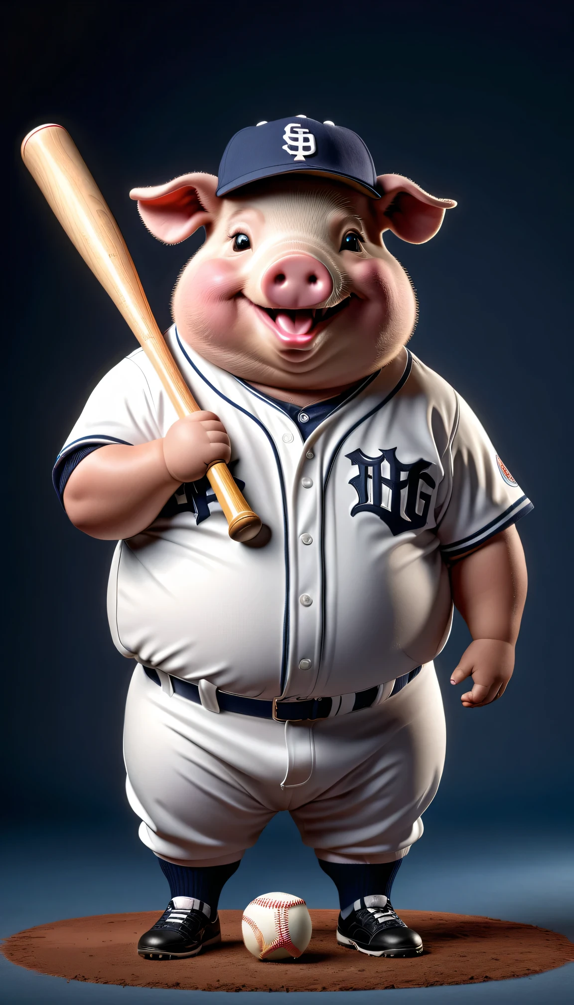 photorealistic portrait of Dressed animals - a ((fat)) pig Baseball player,(holing bat:1.5),(happy smile),(), high quality,(lovely) ,intricate details, highly detailed (baseball uniform )),baseball cap,, (happy), studio lighting,(full body image:2.0)