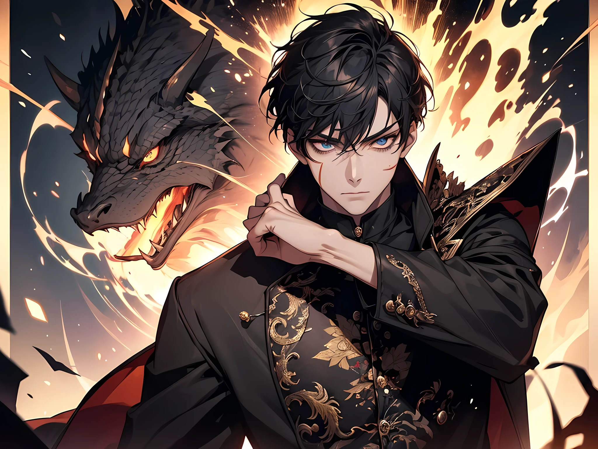 1man, A young man, dark blue short hair, long bangs covering half of his face, sharp eyes, a long scar on his face, an expression of discontent, a fantasy-realistic style leather jacket over a dark undershirt, trousers that matching the outfit, black fire swirling around, the background depicts a menacing dragon formed by black flames, this character embodies a finely crafted fantasy-realistic in anime style, exquisite and mature manga art style, high definition, best quality, highres, ultra-detailed, ultra-fine painting, extremely delicate, professional, anatomically correct, symmetrical face, extremely detailed eyes and face, high quality eyes, creativity, RAW photo, UHD, 8k, Natural light, cinematic lighting, masterpiece-anatomy-perfect, masterpiece:1.5, detailed face, detailed eyes, eyes finely detailed,
