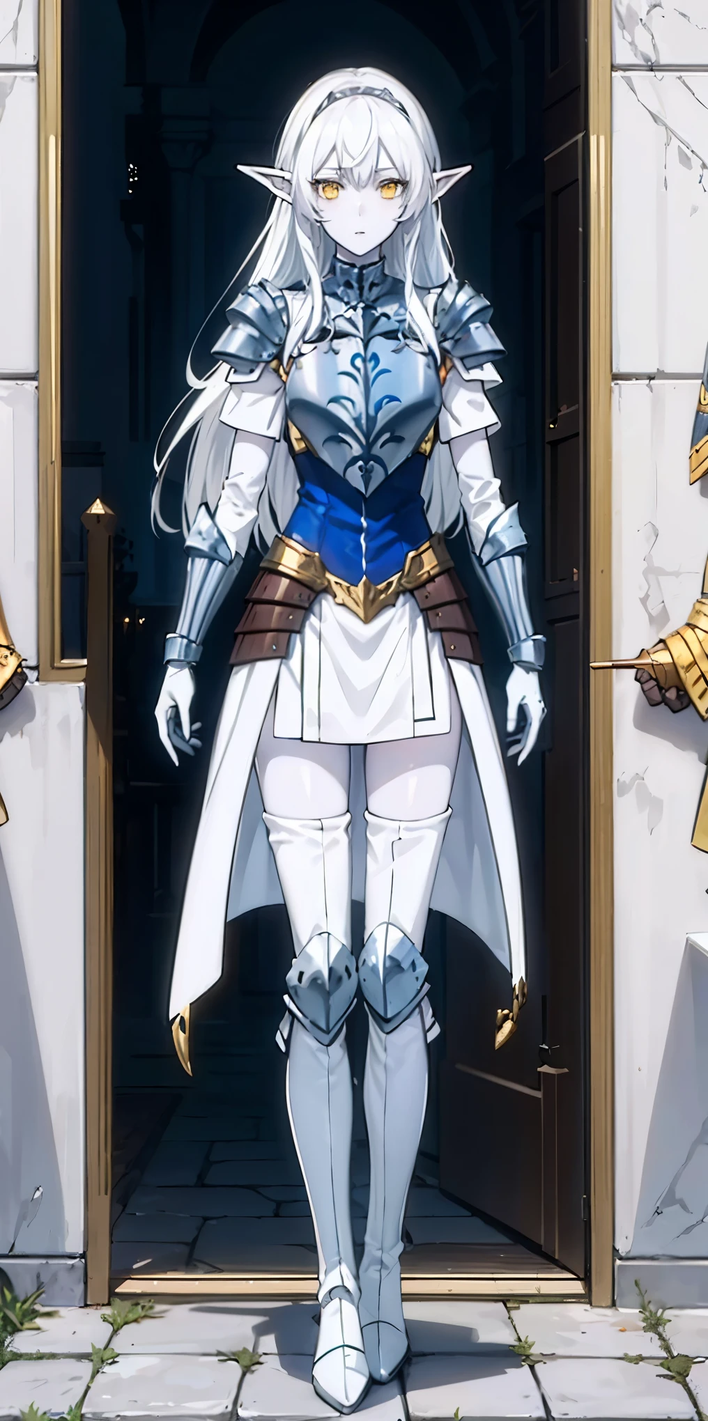 masterpiece, best quality, high quality, white SKIN elf, long hair, white hair, yellow eyes, full body, def_effie, blue breastplate, white skin, looking at viewer, shiny,armor, thighhighs, high boots,shoulder armor, faulds, poleyn, gloves, gauntlets
