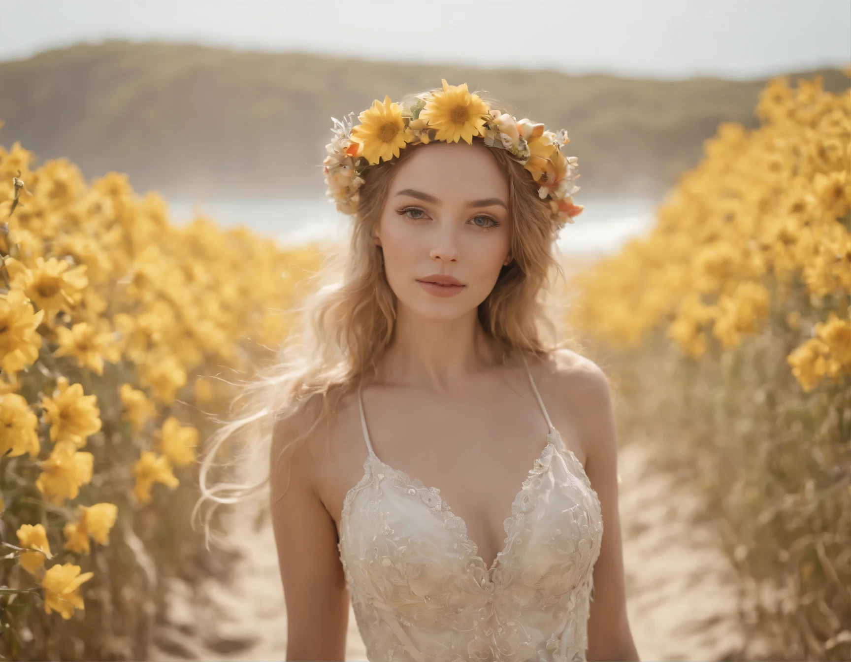 Macro portrait view of a heavenly beautiful and extremely happy goddess of waters walking on a idyalic beach, Tim Burton style, she has luscious light brown windy hair with flowers, flowers are falling from the sky, non-centralized shot