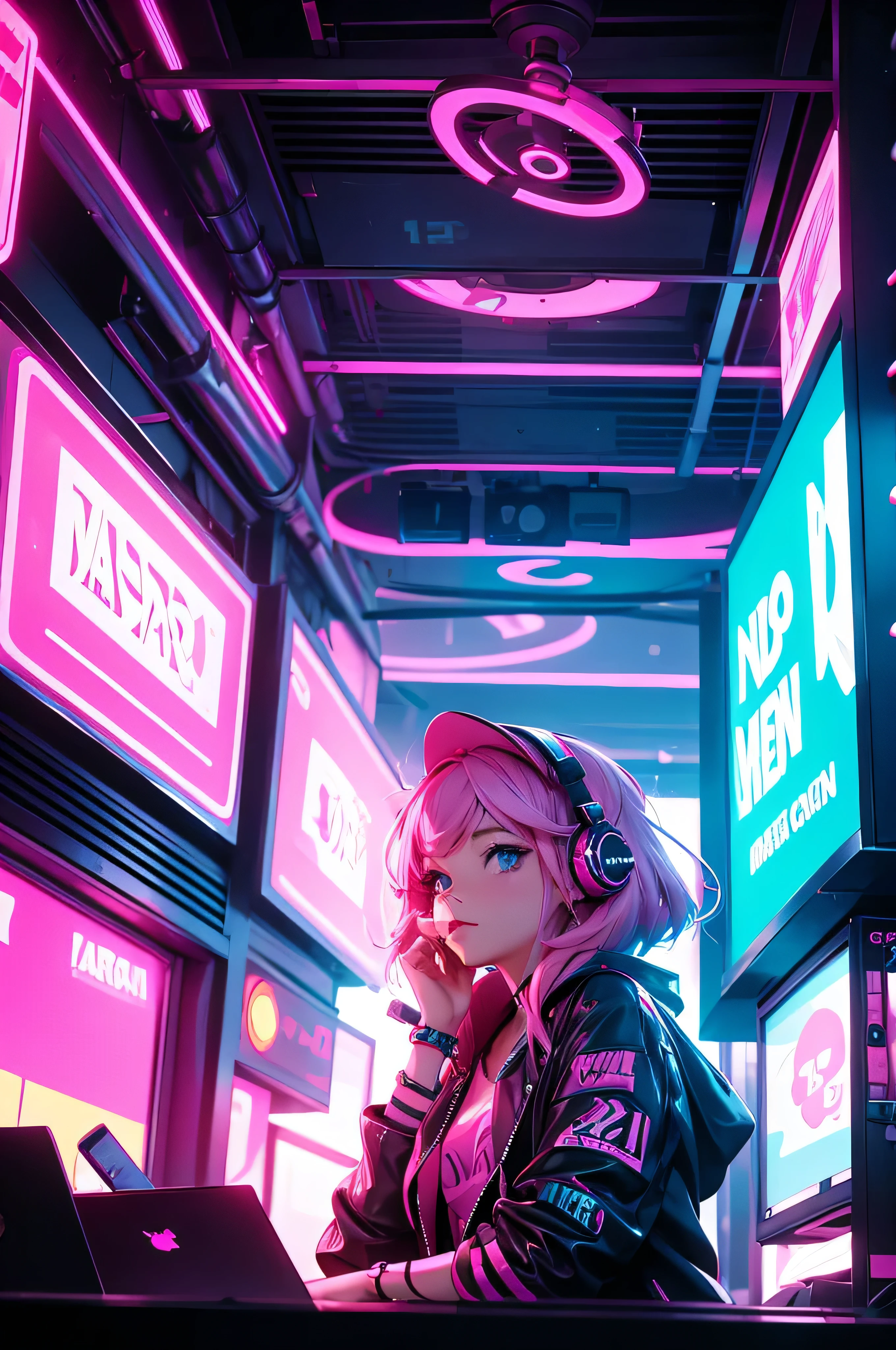 Pink hair, Girl, Dj, Neon Lights, Beautiful girl, Maserpiece,