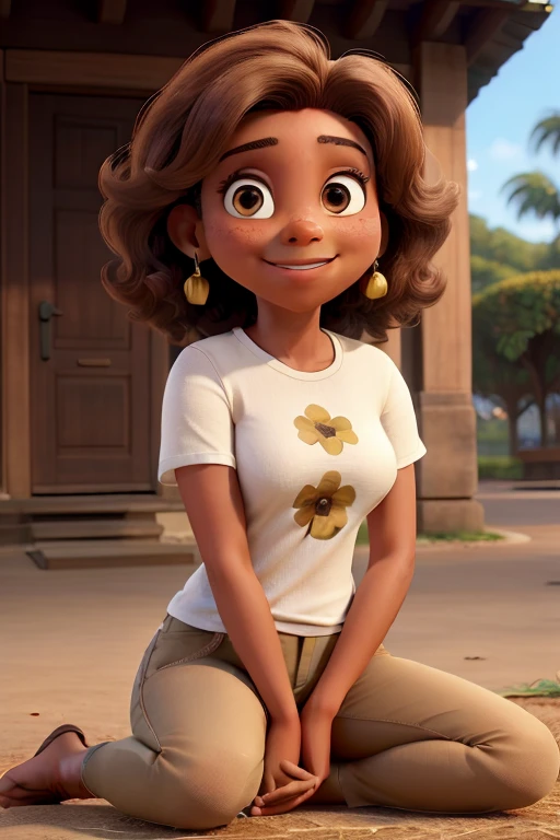 Obra-prima, de melhor qualidade pele marrom com cabelo no ombro , vestindo uma roupa camiseta branca, khaki pants sitting on the floor cross-legged outdoors