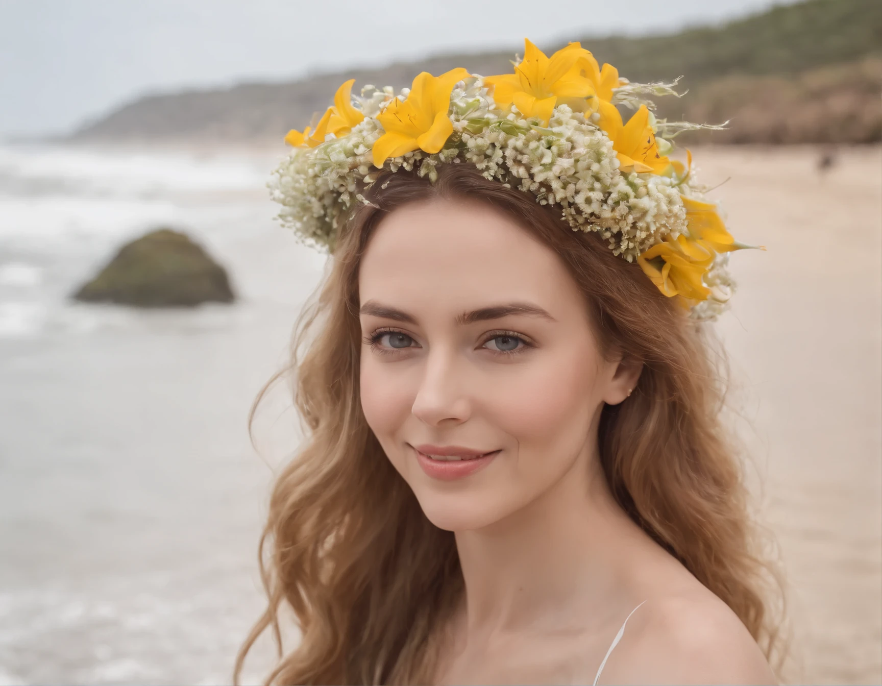 Macro portrait view of a heavenly beautiful and extremely happy goddess of waters walking on a idyalic beach, Tim Burton style, she has luscious light brown windy hair with flowers, flowers are falling from the sky, non-centralized shot