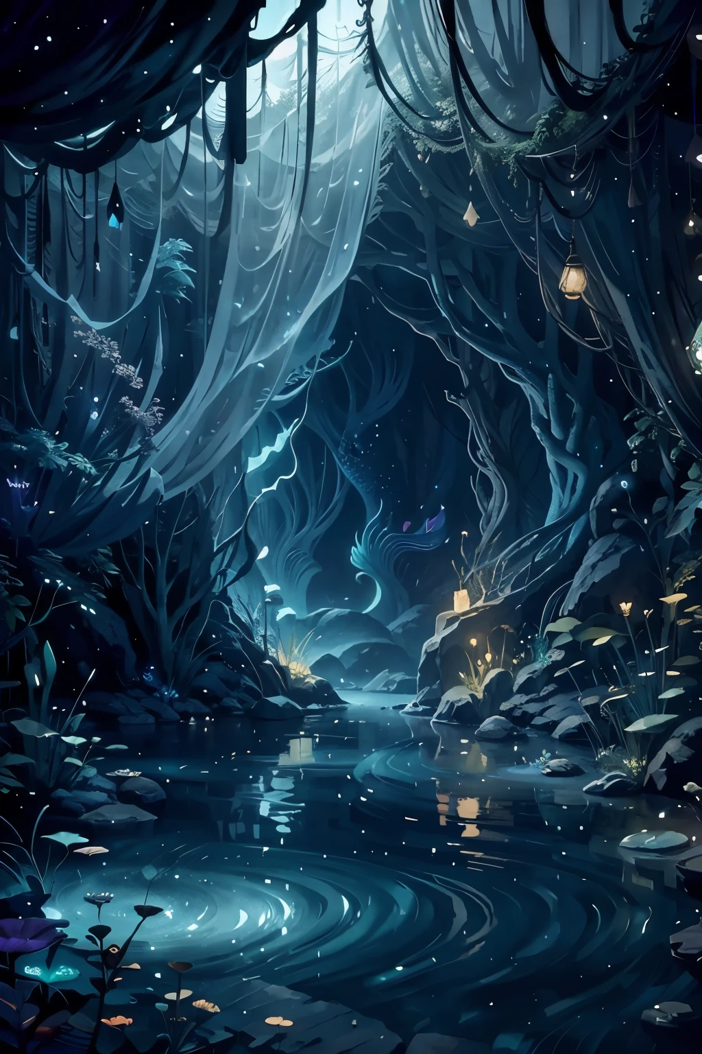 A psychedelic mermaid colony hidden in a bioluminescent grotto, where merfolk with iridescent tails perform mesmerizing dances amidst shimmering curtains of seaweed. landscape gibli studio style