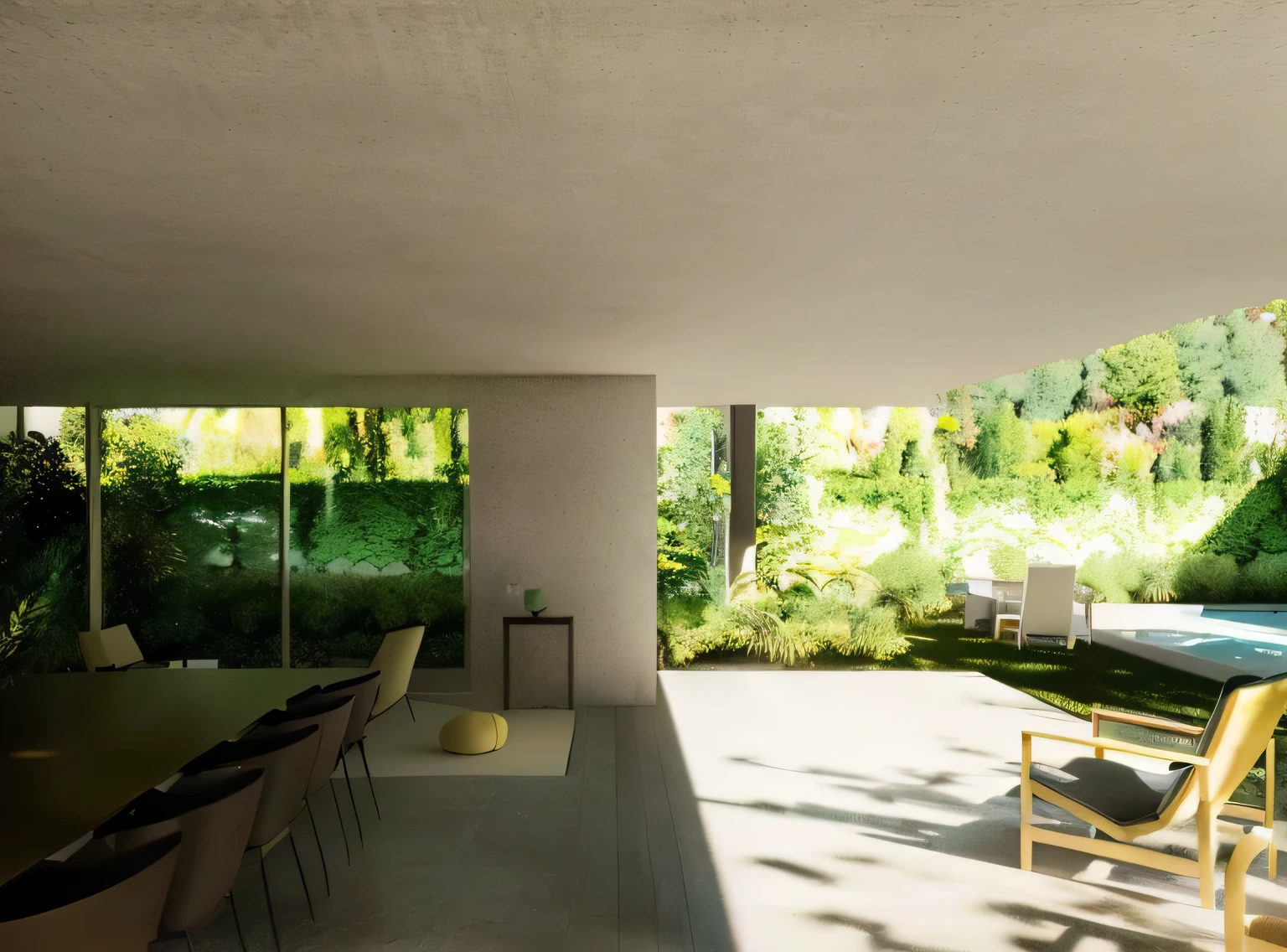 there is a long table and chairs in a room with a view, architectural rendering, casa na mata, photographic rendering, archiving, architectural rendering, casa conceito, architectural visualization, highly photographic rendering, detail rendering, casa minimalista na madeira, green terrace, natural realistic rendering, Detailed rendering, architectural renderinging, realistic physics rendering, a photorealistic rendering